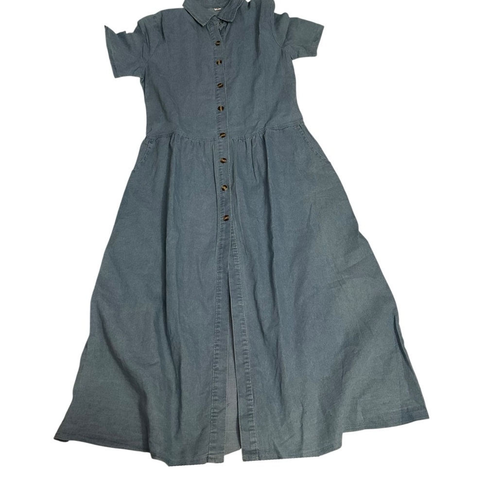 Blue Denim Button-Up Modest Maxi Shirt Dress
